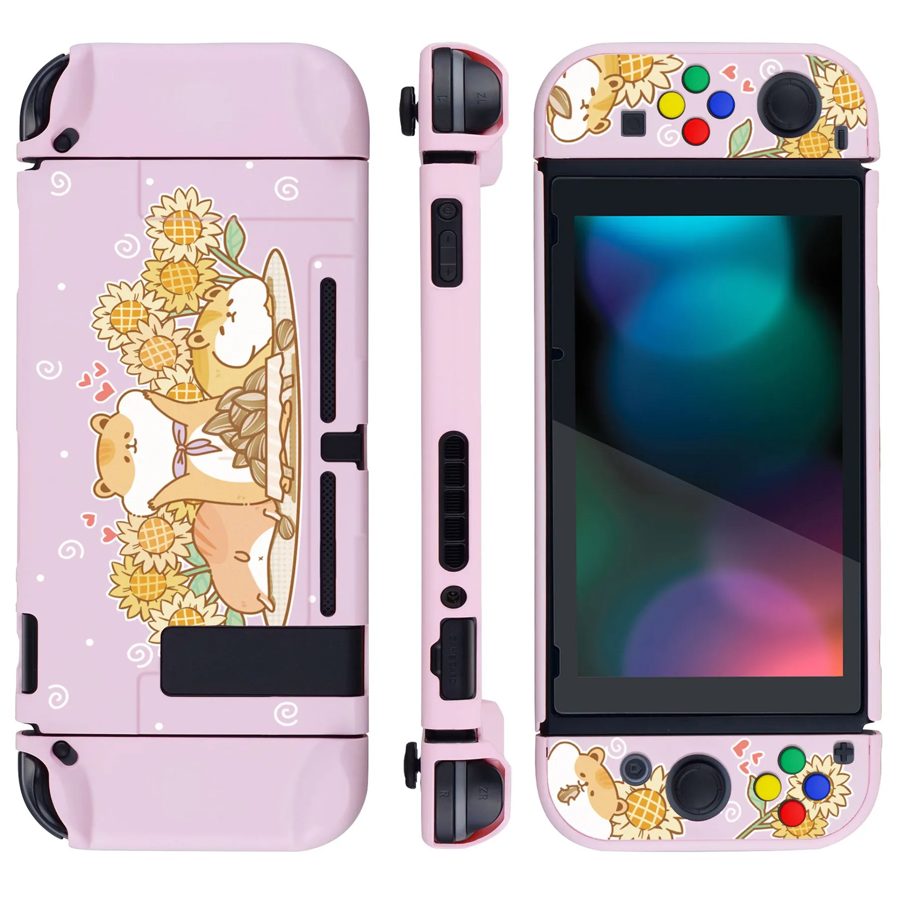 eXtremeRate PlayVital Hamster & Sunflower Back Cover for NS Switch Console, NS Joycon Handheld Controller Separable Protector Hard Shell, Dockable Protective Case with Colorful ABXY Direction Button Caps - NTT106