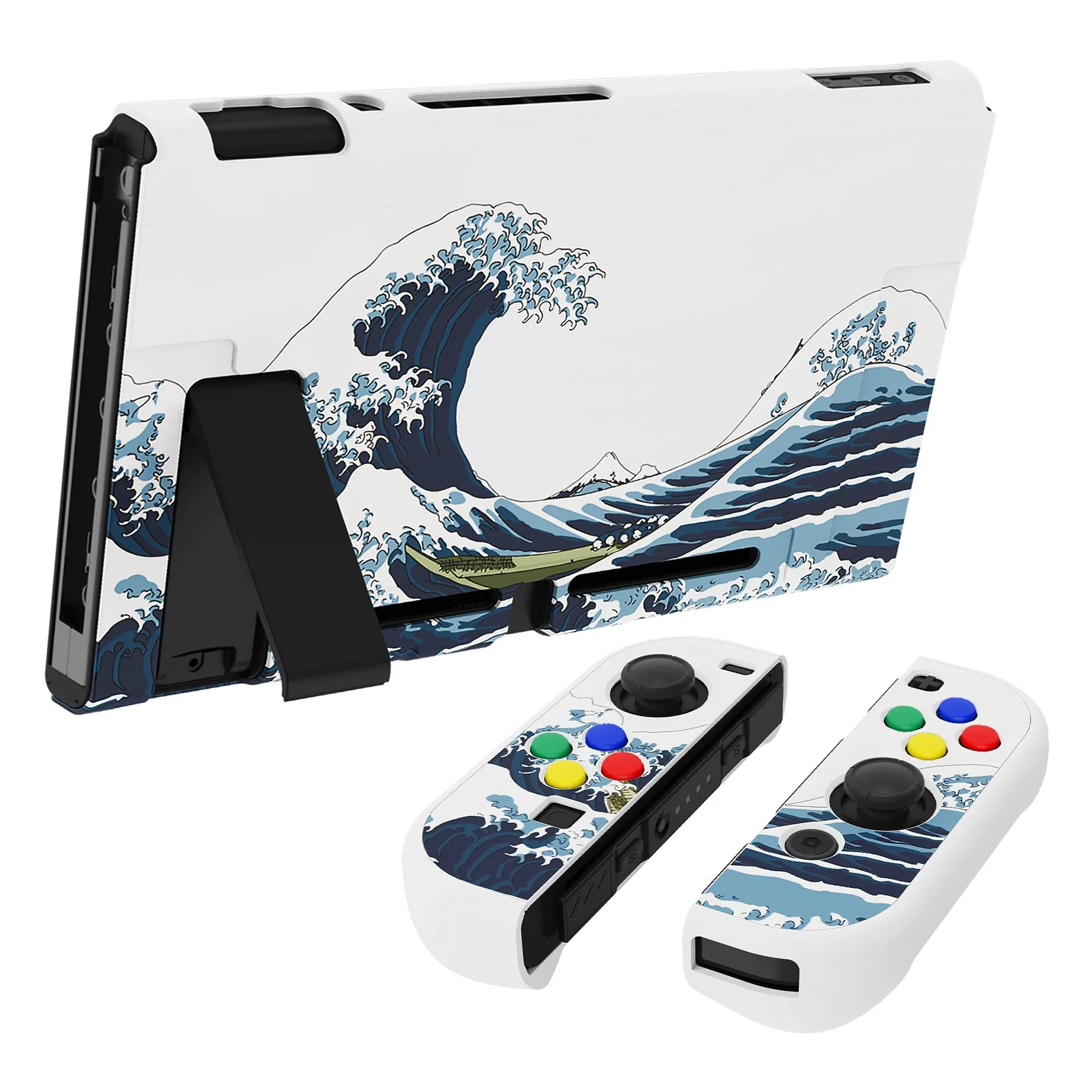 eXtremeRate PlayVital The Great Wave Back Cover for Nintendo Switch, NS Joycon Handheld Controller Protector Hard Shell, Dockable Protective Case with Colorful ABXY Direction Button Caps - NTT121