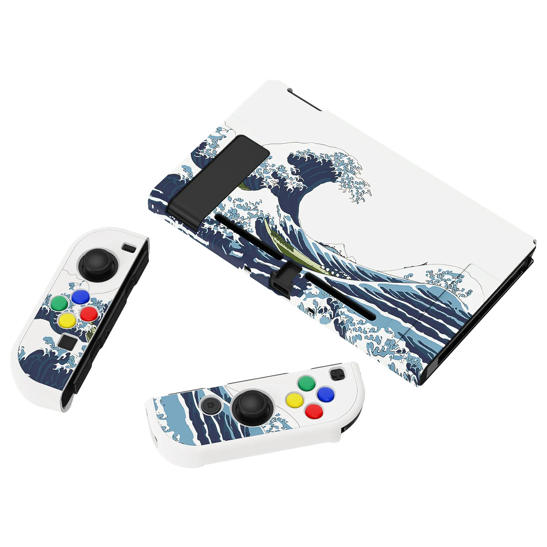 eXtremeRate PlayVital The Great Wave Back Cover for Nintendo Switch, NS Joycon Handheld Controller Protector Hard Shell, Dockable Protective Case with Colorful ABXY Direction Button Caps - NTT121