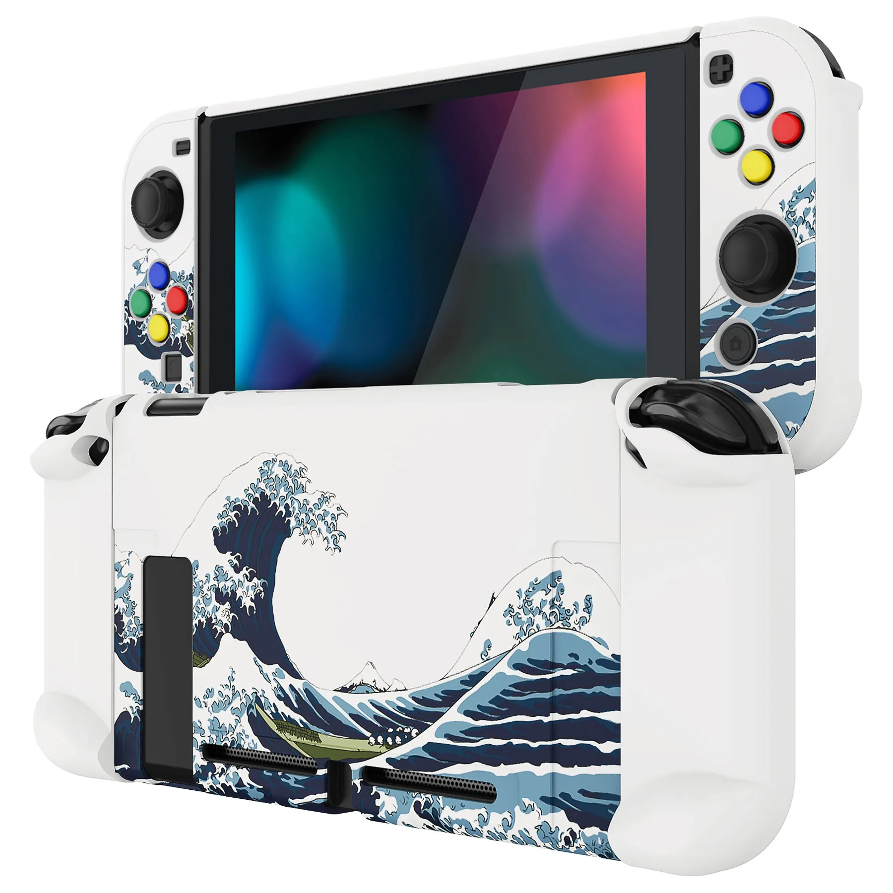 eXtremeRate PlayVital The Great Wave Back Cover for Nintendo Switch, NS Joycon Handheld Controller Protector Hard Shell, Dockable Protective Case with Colorful ABXY Direction Button Caps - NTT121