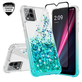 For T-Mobile REVVL 6 PRO 5G Case Liquid Glitter Phone Case Waterfall Floating Quicksand Bling Sparkle Cute Protective Girls Women Cover for T-Mobile REVVL 6 PRO 5G W/Temper Glass - (Clear/Teal Gradient)