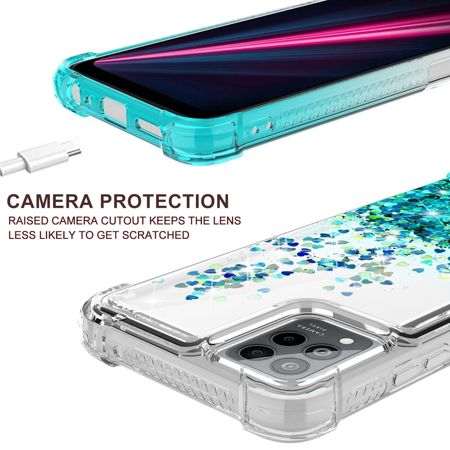 For T-Mobile REVVL 6 PRO 5G Case Liquid Glitter Phone Case Waterfall Floating Quicksand Bling Sparkle Cute Protective Girls Women Cover for T-Mobile REVVL 6 PRO 5G W/Temper Glass - (Clear/Teal Gradient)