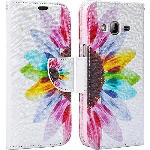 Galaxy J7 Case, Samsung Galaxy J7 Wallet Case, Wrist Strap Flip Folio [Kickstand Feature] Pu Leather Wallet Case with ID&Credit Card Slot For Galaxy J7, Sun Flower