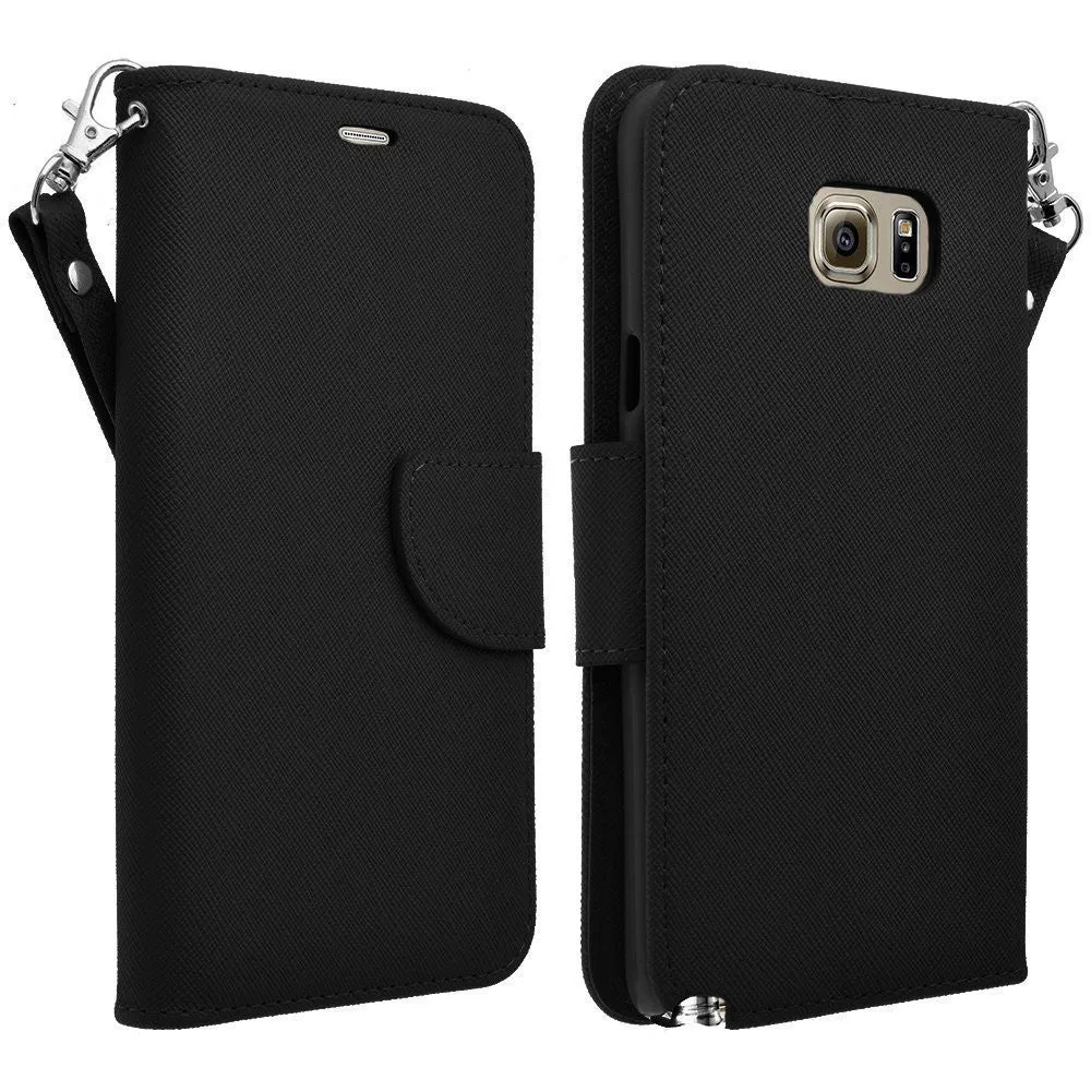 Galaxy Note 5 Case, Wrist Strap Magnetic Fold[Kickstand] Pu Leather Wallet Case with ID & Credit Card Slots for Samsung Galaxy Note 5 - Black