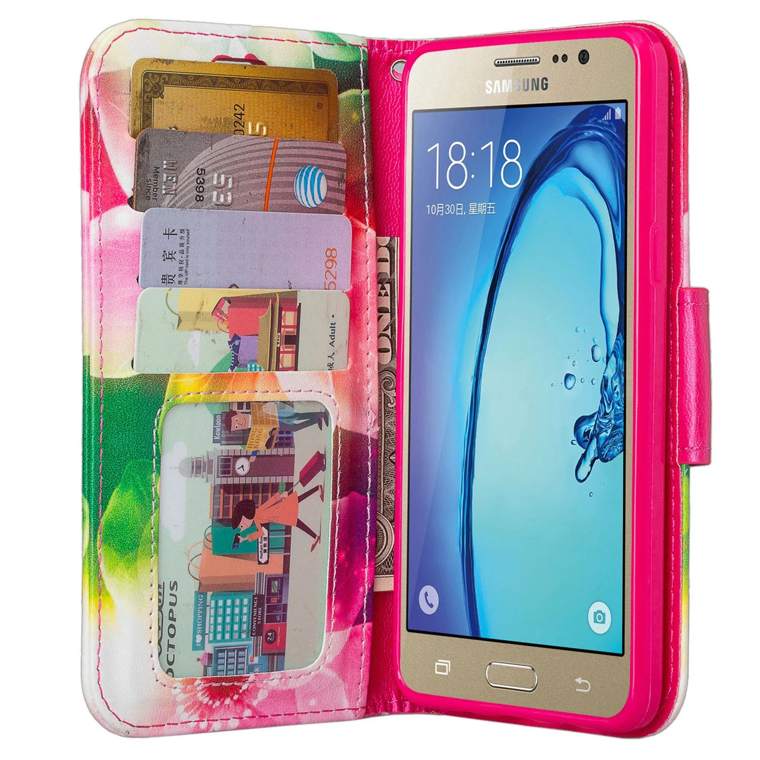 Galaxy On5 Case, Samsung Galaxy On5 Wallet Case, Wrist Strap Flip Folio[Kickstand Feature] Pu Leather Wallet Case with ID & Credit Card Slots For Galaxy On5 - Lily Pedals