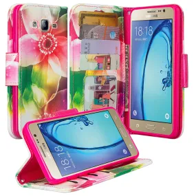 Galaxy On5 Case, Samsung Galaxy On5 Wallet Case, Wrist Strap Flip Folio[Kickstand Feature] Pu Leather Wallet Case with ID & Credit Card Slots For Galaxy On5 - Lily Pedals