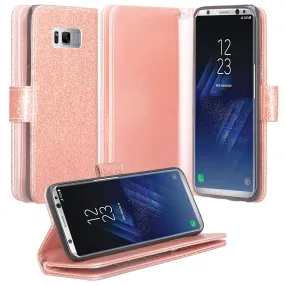 Galaxy S8 Case, Samsung Galaxy S8 Case, Glitter Faux Leather Flip Credit Card Holder Wrist Strap Shockproof Protective Wallet Case Clutch for Samsung Galaxy S8 - Rose Gold