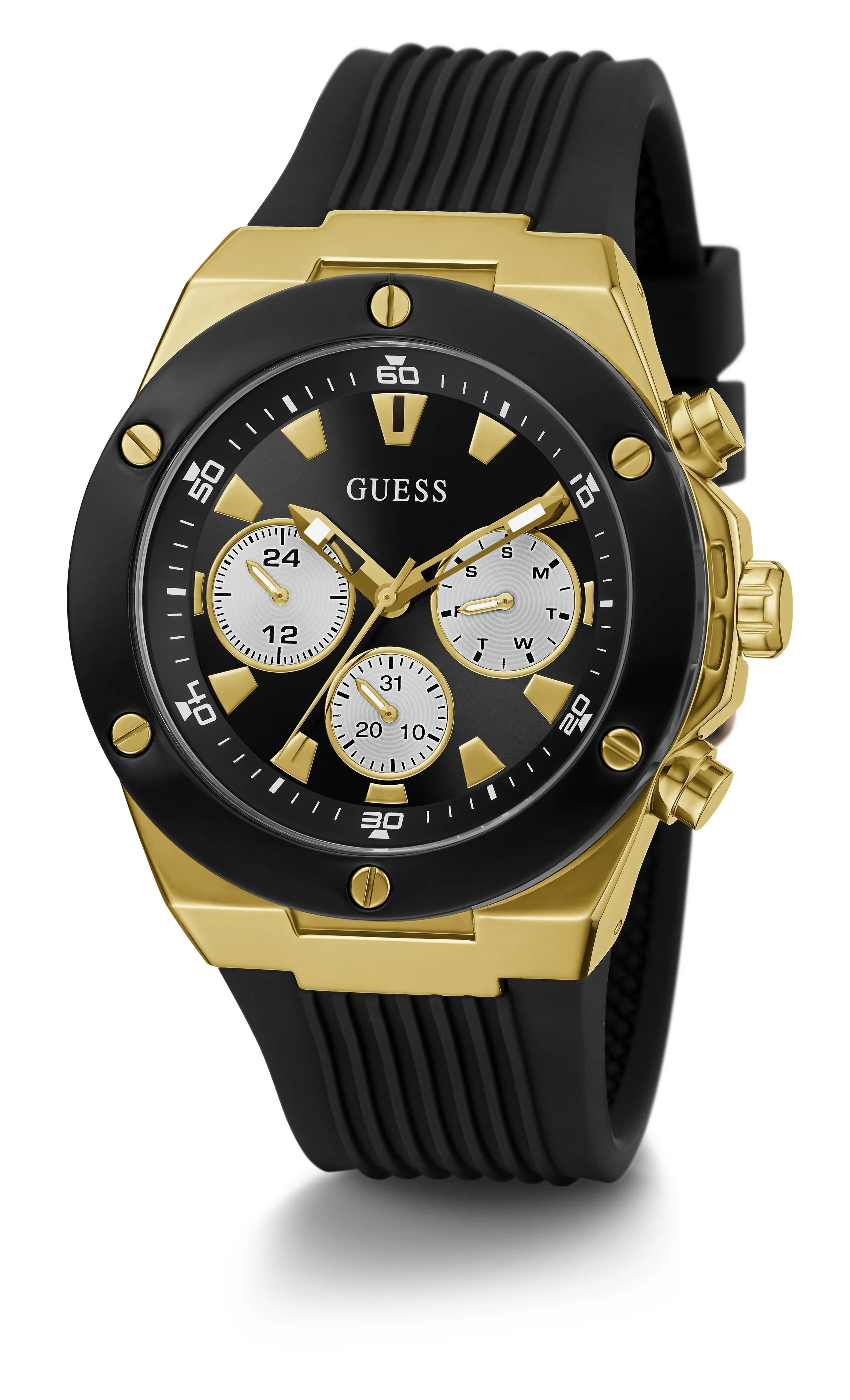 Guess Mens Poseidon Chronograph Black and Gold-Silicone Watch GW0057G1