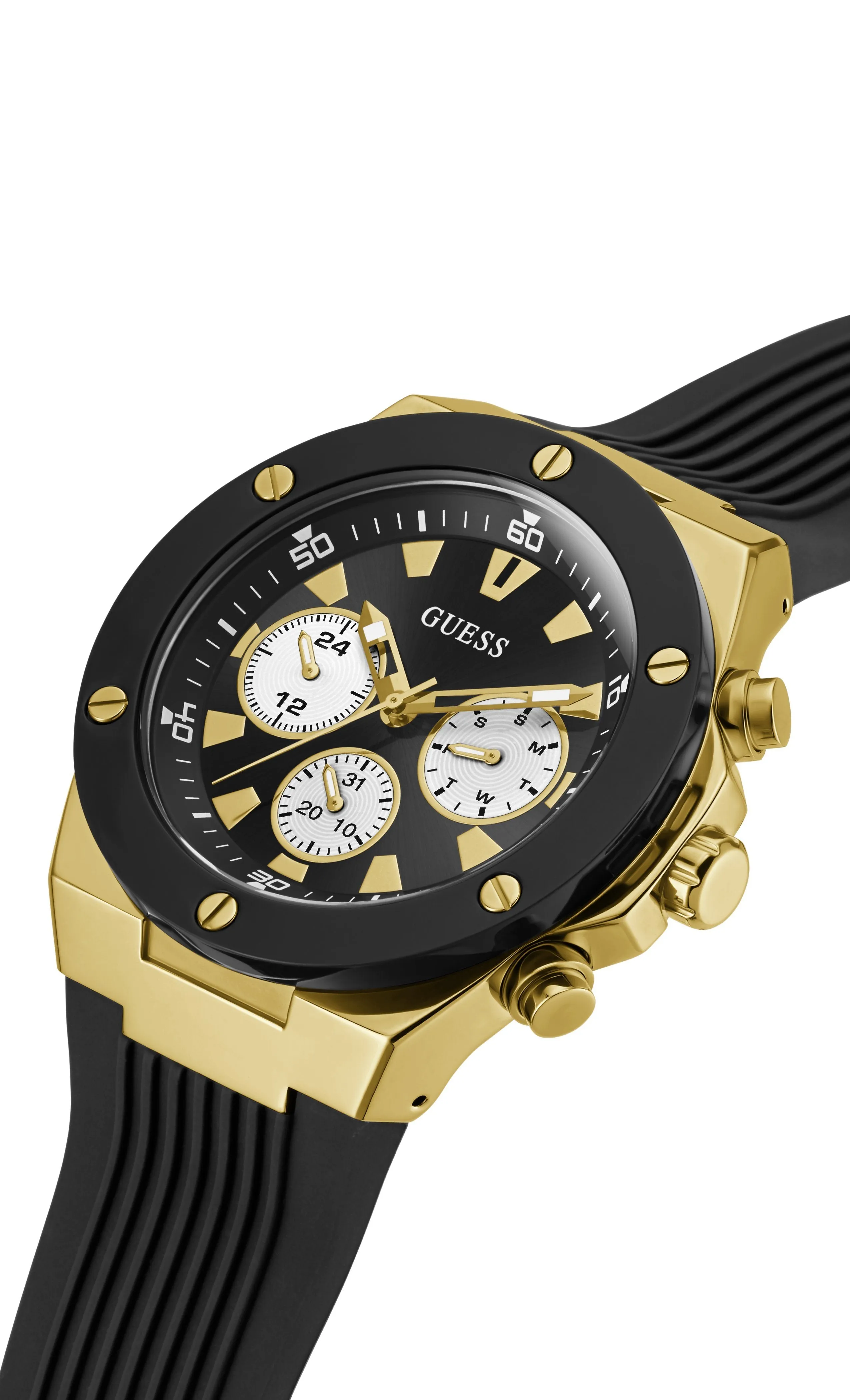 Guess Mens Poseidon Chronograph Black and Gold-Silicone Watch GW0057G1