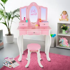 Kids Pink Vanity Set With Mirror and Stool Girls Dressing Table With Accessories