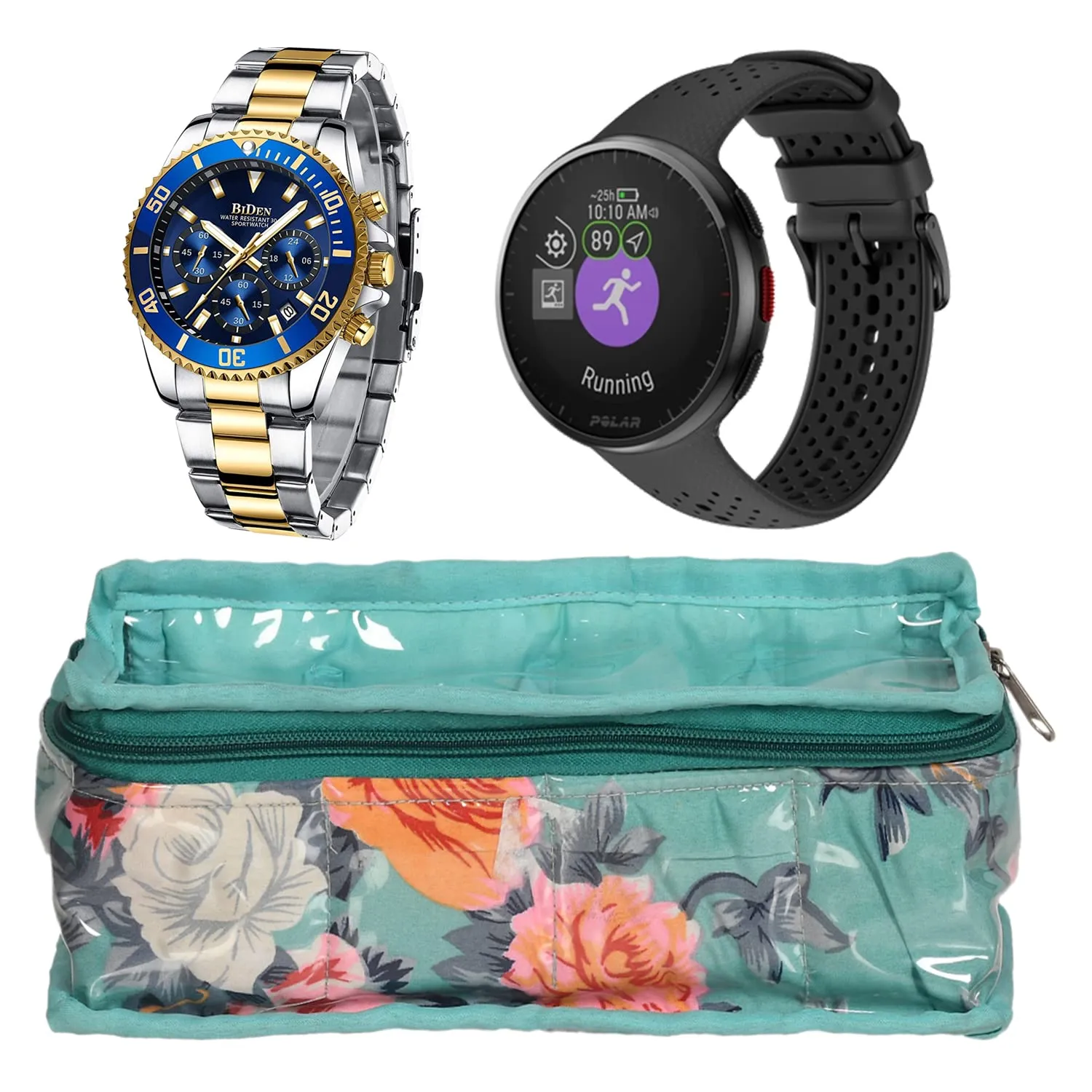 Kuber Industries Polyvinyl Chloride Multiuses Pvc Laminate Flower Print 4 Case Watch Organizer/Bracelet Organizer For Watches, Bracelet (Turquoise) 54Km4299