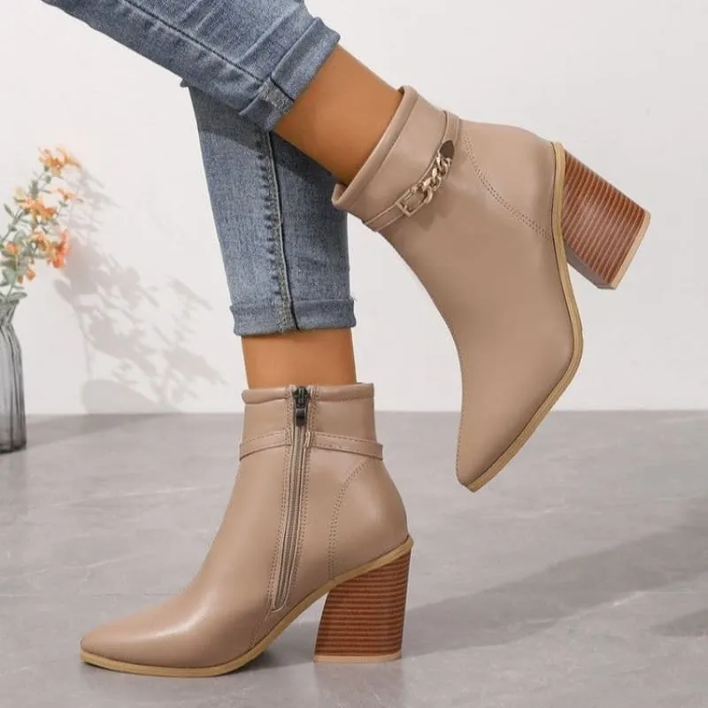 Ladies Pointed Toe Chunky Heel Boots with Zip Detail