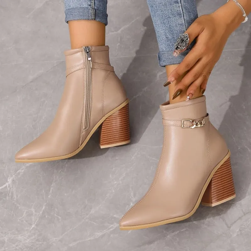 Ladies Pointed Toe Chunky Heel Boots with Zip Detail