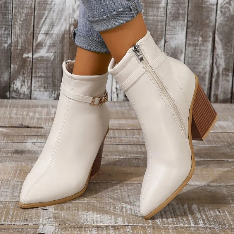 Ladies Pointed Toe Chunky Heel Boots with Zip Detail