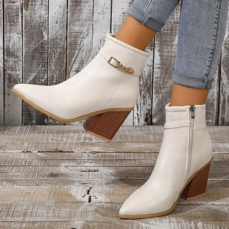 Ladies Pointed Toe Chunky Heel Boots with Zip Detail