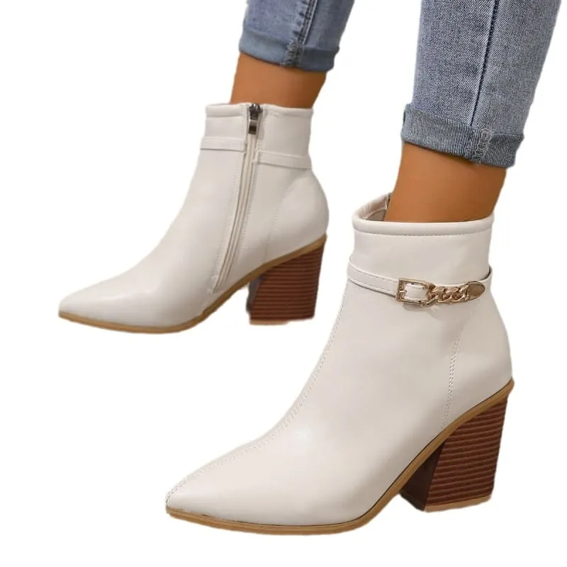 Ladies Pointed Toe Chunky Heel Boots with Zip Detail