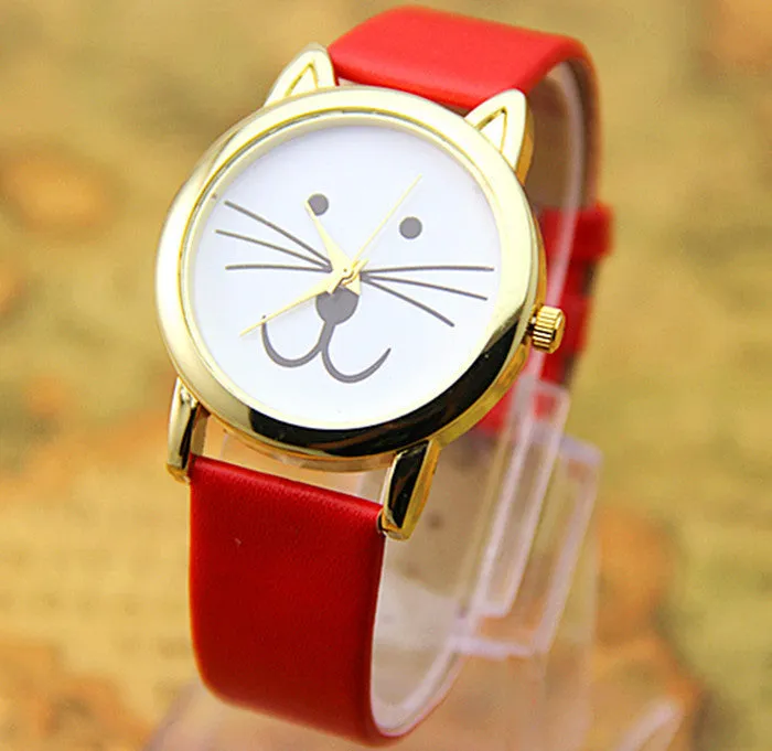 Leather Cat watches Fashion Leather Quartz watch Women Dresses Watches