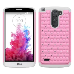 LG G3 Stylus Rhinestone Case , Slim Hybrid Dual Layer[Shock Resistant] Crystal Rhinestone Studded Case Cover - Pink/White