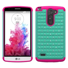 LG G3 Stylus Rhinestone Case , Slim Hybrid Dual Layer[Shock Resistant] Crystal Rhinestone Studded Case Cover - Teal/Hot Pink