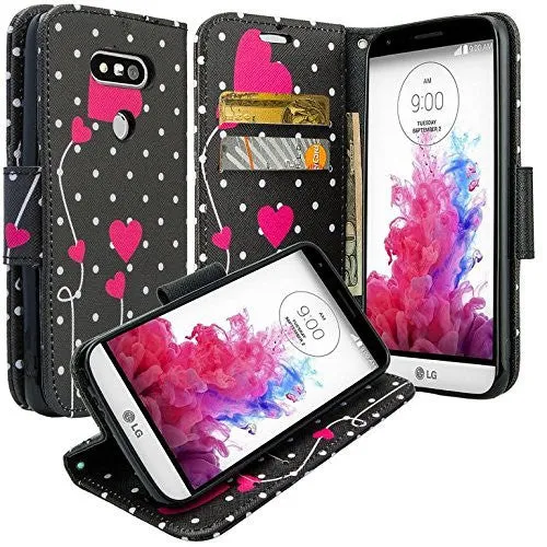 LG G5 Case, Wrist Strap Pu Leather Magnetic Flip Fold[Kickstand] Wallet Case with ID and Card Slots for LG G 5 - Polka Dot Hearts