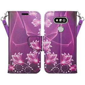 LG G5 Case, Wrist Strap Pu Leather Magnetic Flip Fold[Kickstand] Wallet Case with ID and Card Slots for LG G 5 - Purple Lotus