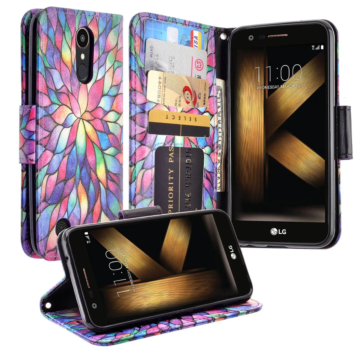 LG K10 (2018) Case, K30, Premier Pro, K10 Plus, Phoenix Plus, Xpression Plus, K10α, X4 Plus, X410, MS245, Slim Magnetic Flip Kickstand Wrist Strap Leather Wallet Cover - Rainbow Flower