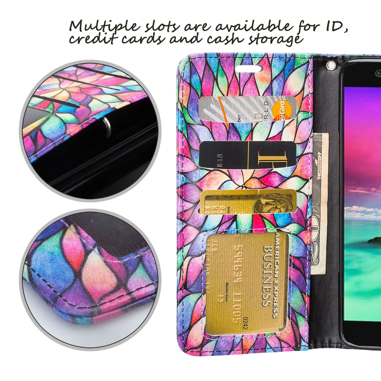 LG K10 (2018) Case, K30, Premier Pro, K10 Plus, Phoenix Plus, Xpression Plus, K10α, X4 Plus, X410, MS245, Slim Magnetic Flip Kickstand Wrist Strap Leather Wallet Cover - Rainbow Flower