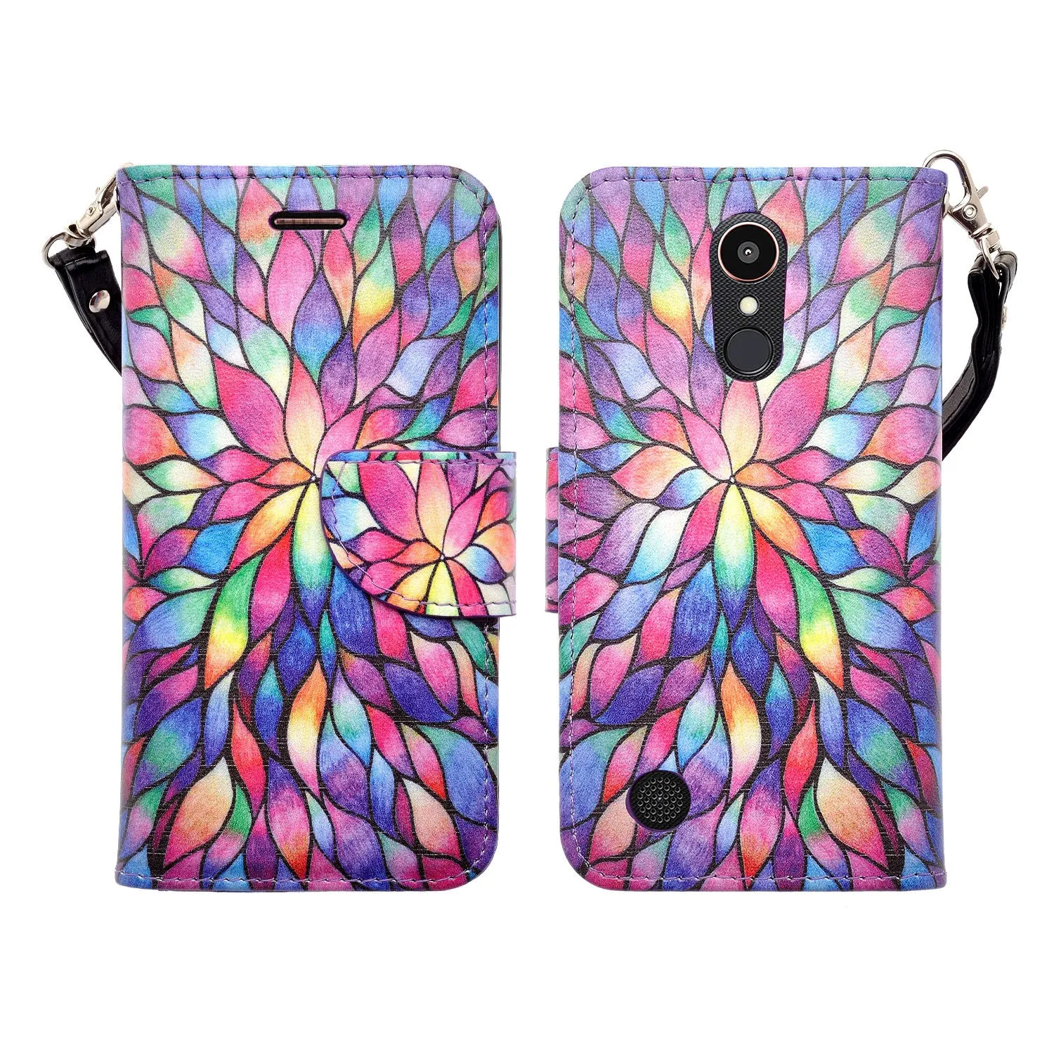 LG K10 (2018) Case, K30, Premier Pro, K10 Plus, Phoenix Plus, Xpression Plus, K10α, X4 Plus, X410, MS245, Slim Magnetic Flip Kickstand Wrist Strap Leather Wallet Cover - Rainbow Flower