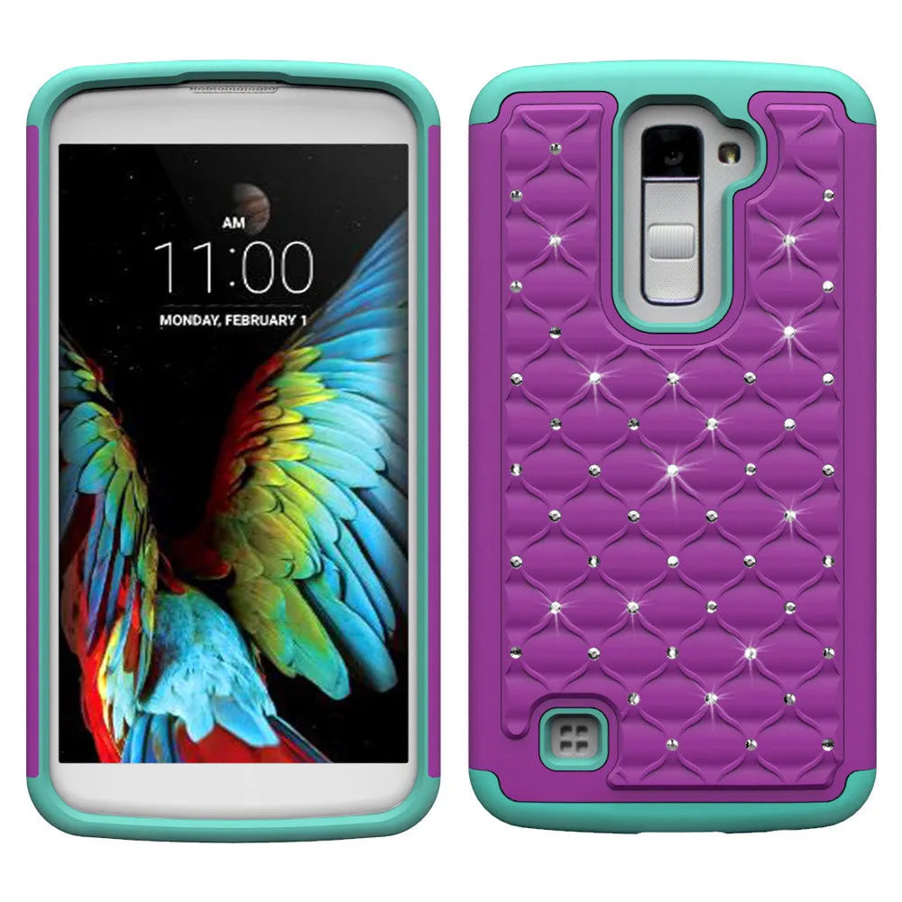 LG K10 / LG Premier LTE Rhinestone Case , Slim Hybrid Dual Layer[Shock Resistant] Crystal Rhinestone Studded Case Cover - Purple/Teal