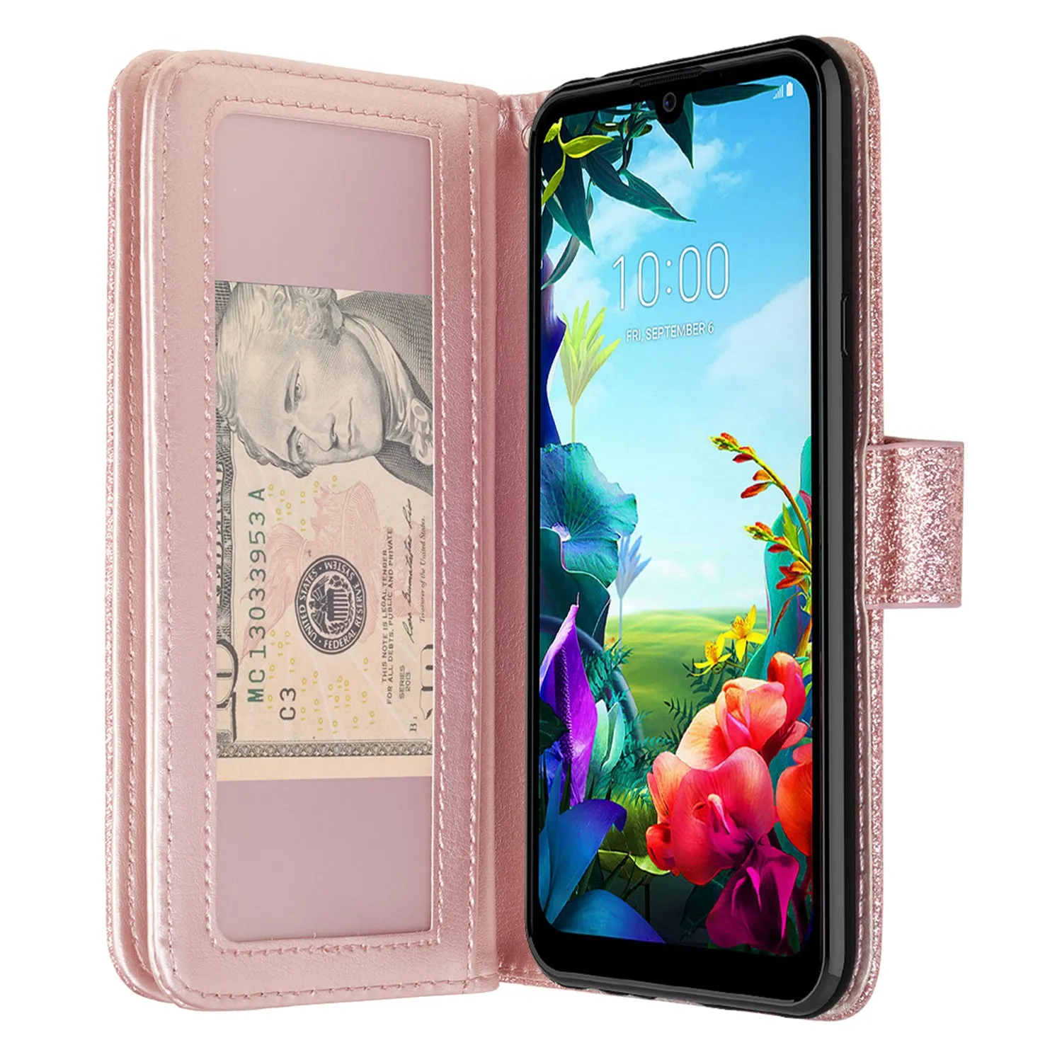 LG Stylo 6 Case, Stylo 6 Wallet Case, Glitter Faux Leather Flip Credit Card Holder Wrist Strap Shockproof Protective Wallet Case Clutch for Stylo 6 - Rose Gold