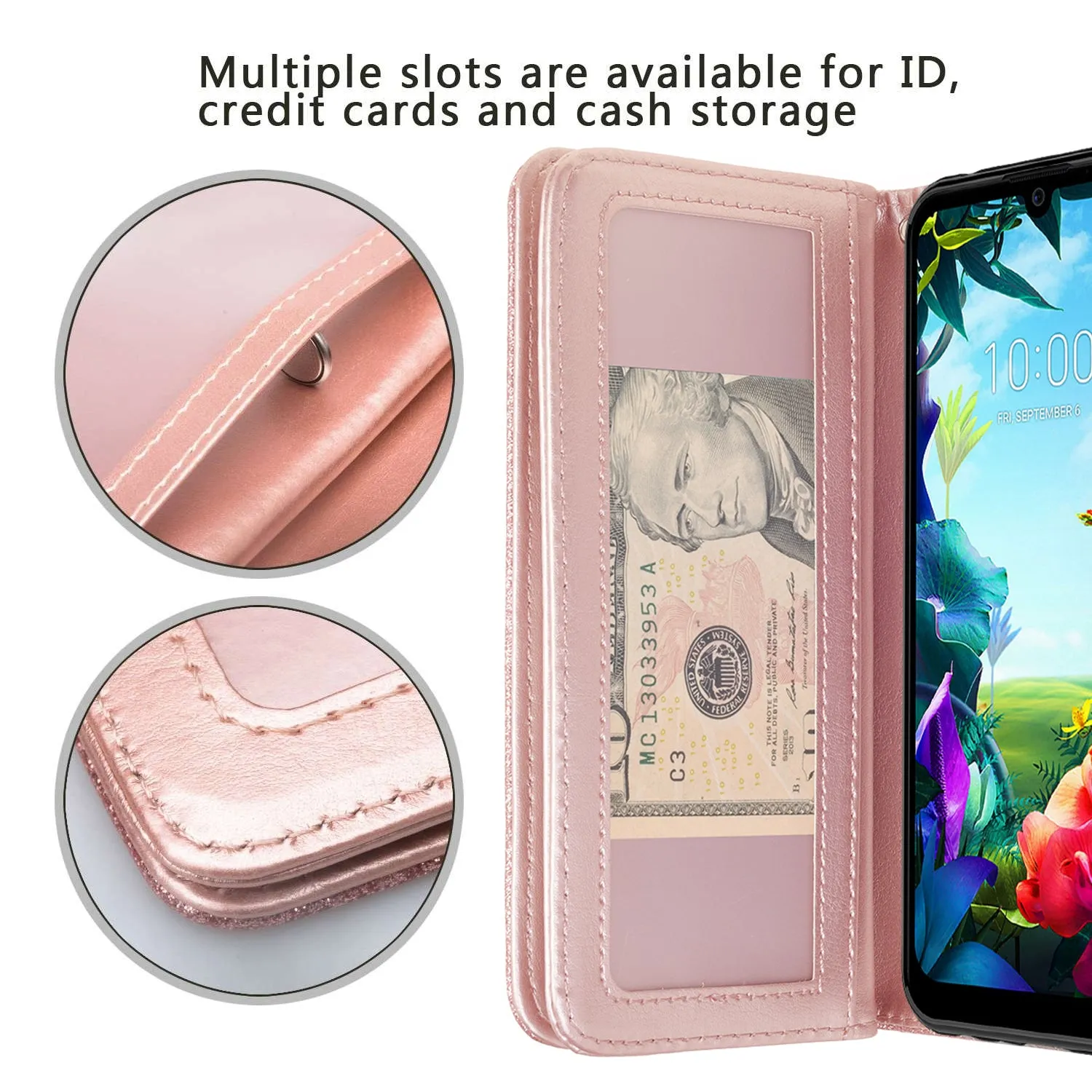 LG Stylo 6 Case, Stylo 6 Wallet Case, Glitter Faux Leather Flip Credit Card Holder Wrist Strap Shockproof Protective Wallet Case Clutch for Stylo 6 - Rose Gold