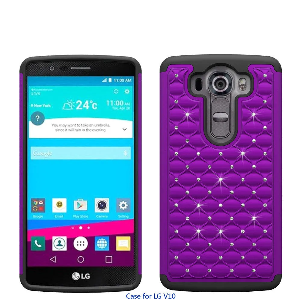 LG V10 Case , Slim Hybrid Dual Layer[Shock Resistant] Crystal Rhinestone Studded Case Cover - Purple/Black