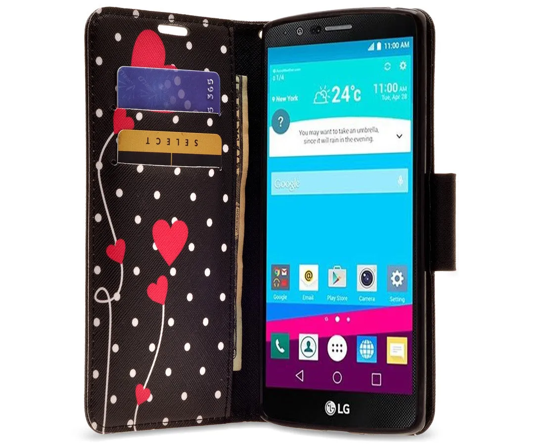 LG V10 Case, Wrist Strap Magnetic Fold[Kickstand] Pu Leather Wallet Case with ID & Credit Card Slots for LG V10 - Polka Dot Hearts