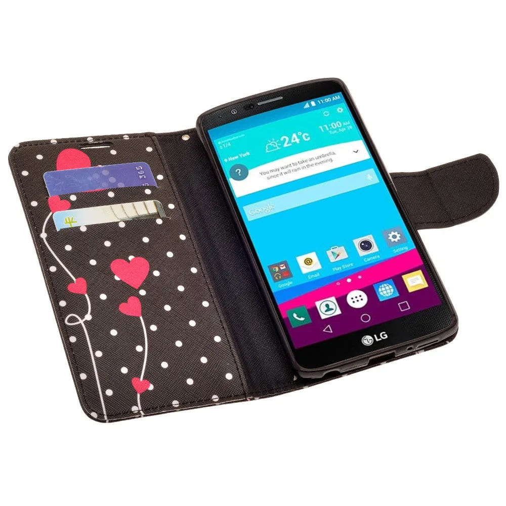 LG V10 Case, Wrist Strap Magnetic Fold[Kickstand] Pu Leather Wallet Case with ID & Credit Card Slots for LG V10 - Polka Dot Hearts