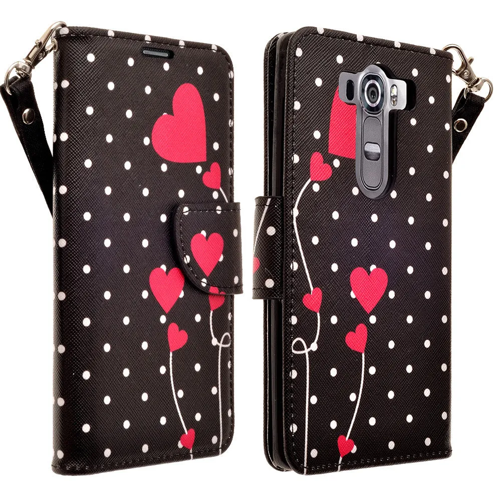 LG V10 Case, Wrist Strap Magnetic Fold[Kickstand] Pu Leather Wallet Case with ID & Credit Card Slots for LG V10 - Polka Dot Hearts