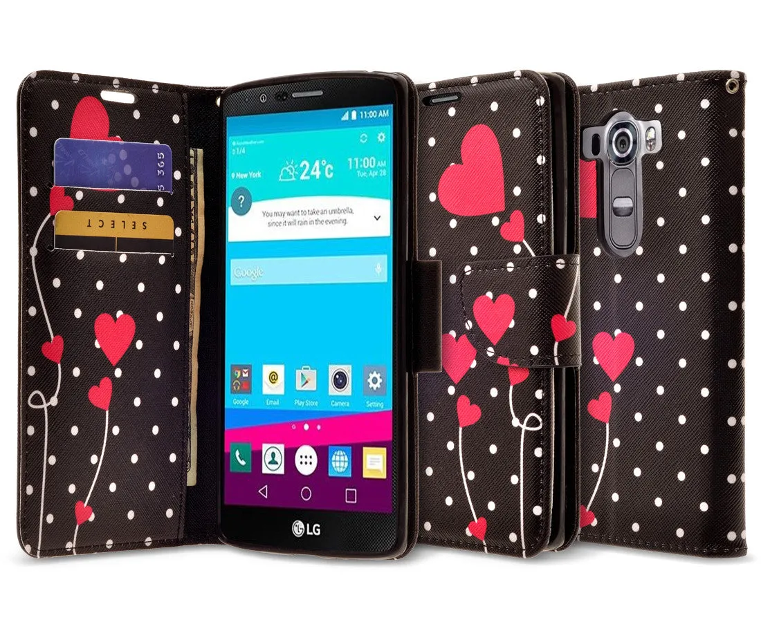 LG V10 Case, Wrist Strap Magnetic Fold[Kickstand] Pu Leather Wallet Case with ID & Credit Card Slots for LG V10 - Polka Dot Hearts