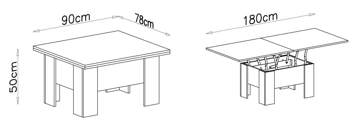 LIFTABLE AND EXTANDABLE COFFEE TABLE NORI 78X90CM 78x180CM CHOICE OF 4 COLORS