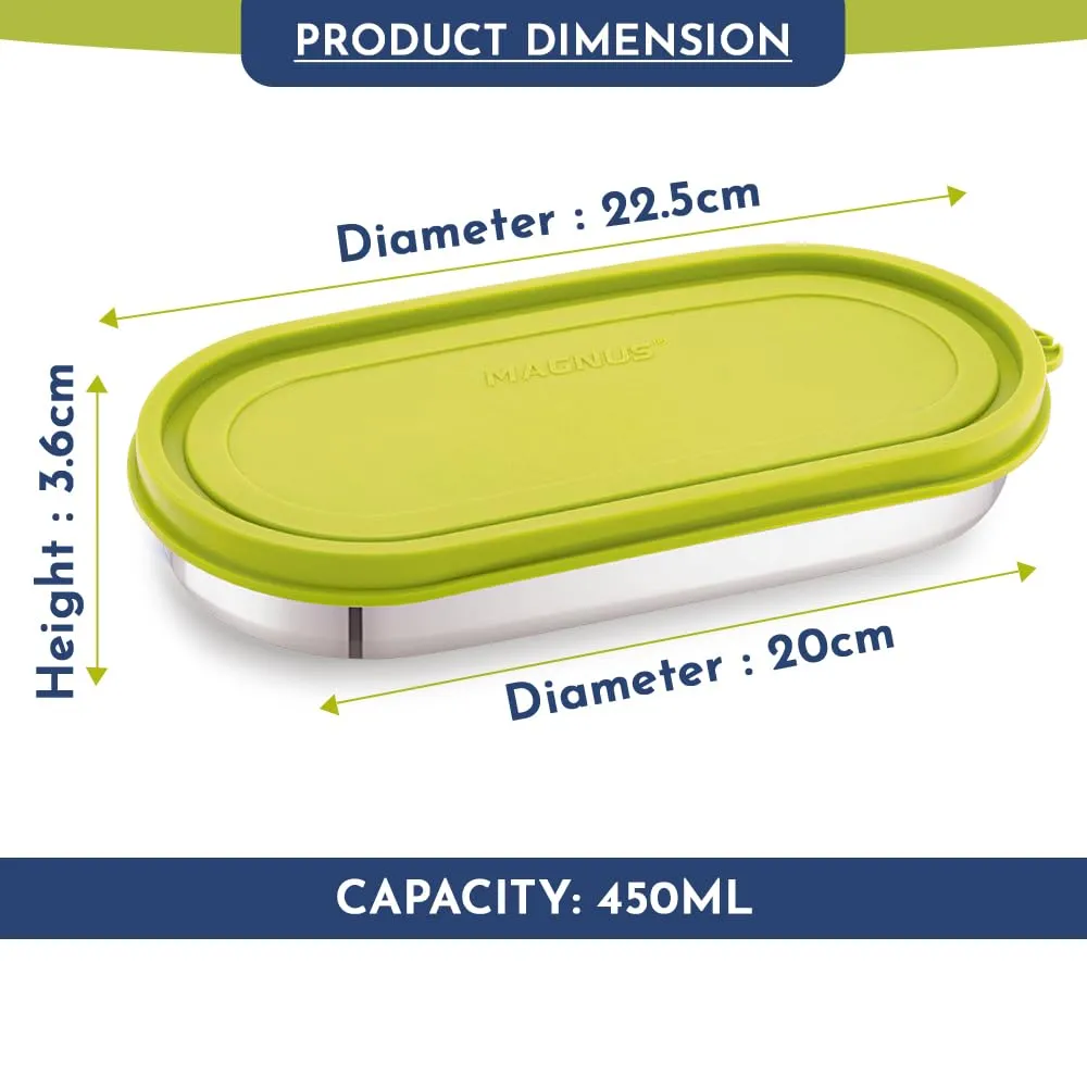 Magnus Easy Lock Oval Prime Container, Stainless Steel, Airtight & Leakproof Lid & Container, For School, Office Picnic, Ideal for Men,Women and Kids (Green,450ml)