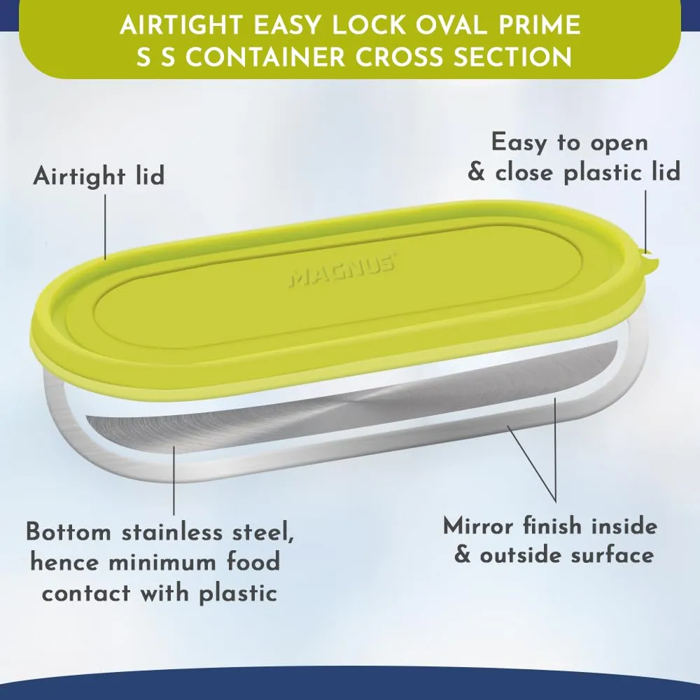 Magnus Easy Lock Oval Prime Container, Stainless Steel, Airtight & Leakproof Lid & Container, For School, Office Picnic, Ideal for Men,Women and Kids (Green,450ml)