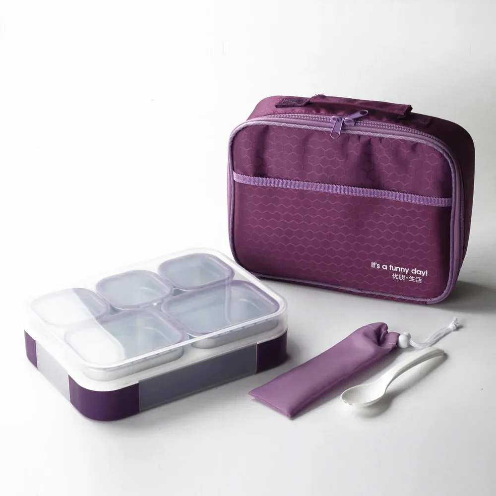 Meal Station 5 Compartment Stainless Steel Bento Lunch Box with Bag