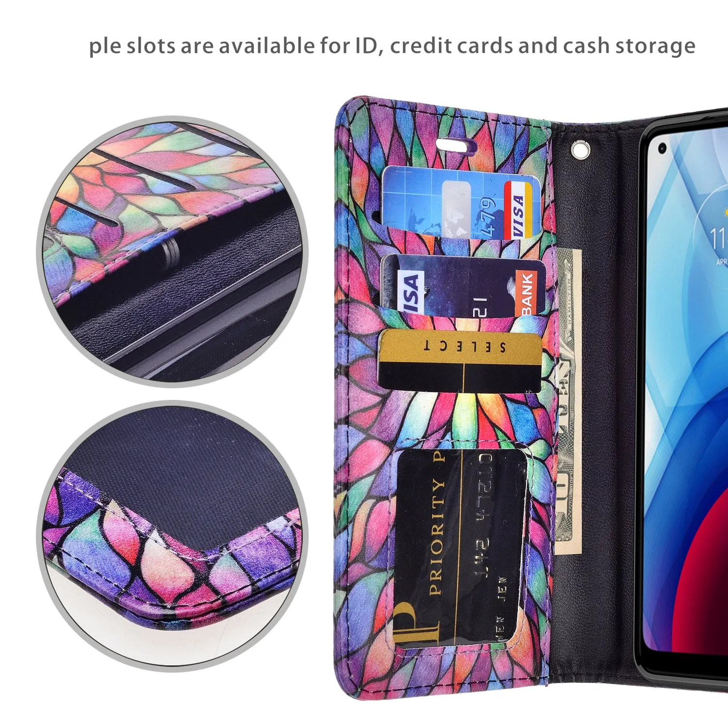 Motorola moto g power 2021 Case, moto g power 2021 Wallet Case, Wrist Strap Pu Leather Wallet Case [Kickstand] with ID & Credit Card Slots - Rainbow Flower