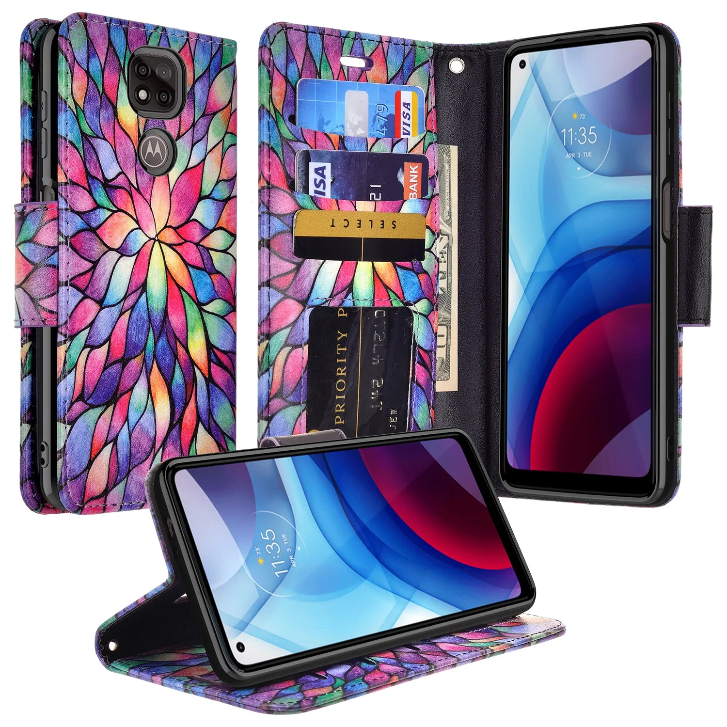 Motorola moto g power 2021 Case, moto g power 2021 Wallet Case, Wrist Strap Pu Leather Wallet Case [Kickstand] with ID & Credit Card Slots - Rainbow Flower