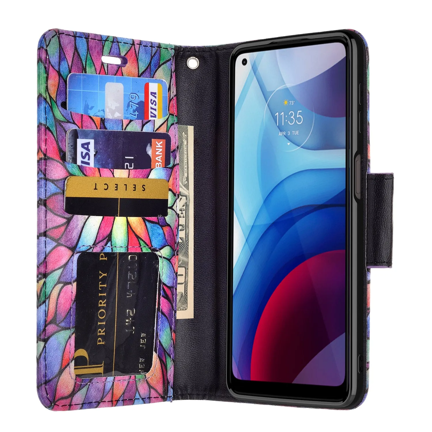 Motorola moto g power 2021 Case, moto g power 2021 Wallet Case, Wrist Strap Pu Leather Wallet Case [Kickstand] with ID & Credit Card Slots - Rainbow Flower