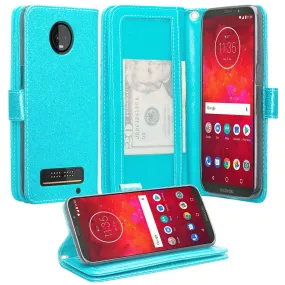 Motorola Moto Z3 Play Case, [Wrist Strap] Glitter Faux Leather Flip [Kickstand Feature] Protective Wallet Case Cover Clutch - Teal