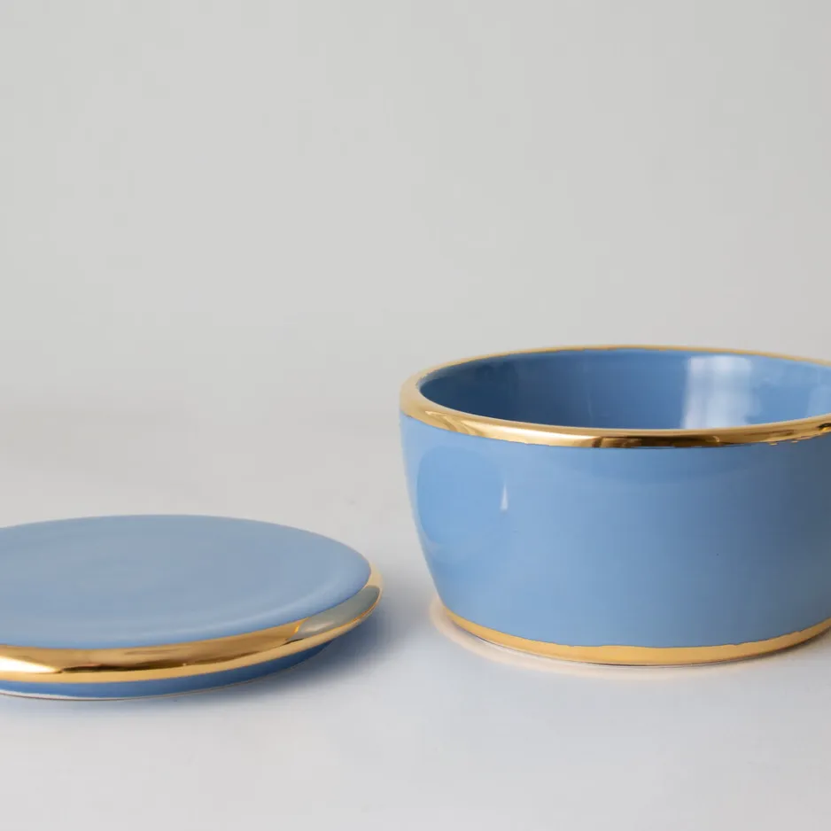 Paul Schneider Ceramics Lidded Round Box in Cerulean & Gold