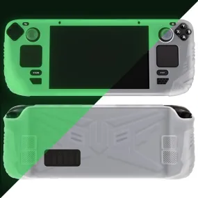 PlayVital Armor Series Protective Case for Steam Deck LCD, Soft Cover Silicone Protector for Steam Deck with Back Button Enhancement Designed & Thumb Grips Caps - Glow in Dark - Green - XFSDP004