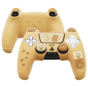 PlayVital Cute Bear Controller Silicone Case for ps5, Kawaii Controller Cover Compatible with Charging Station, Gamepad Skin Protector for ps5 with Touch Pad Sticker & Thumb Grips - Yellow & Brown - UYBPFP001