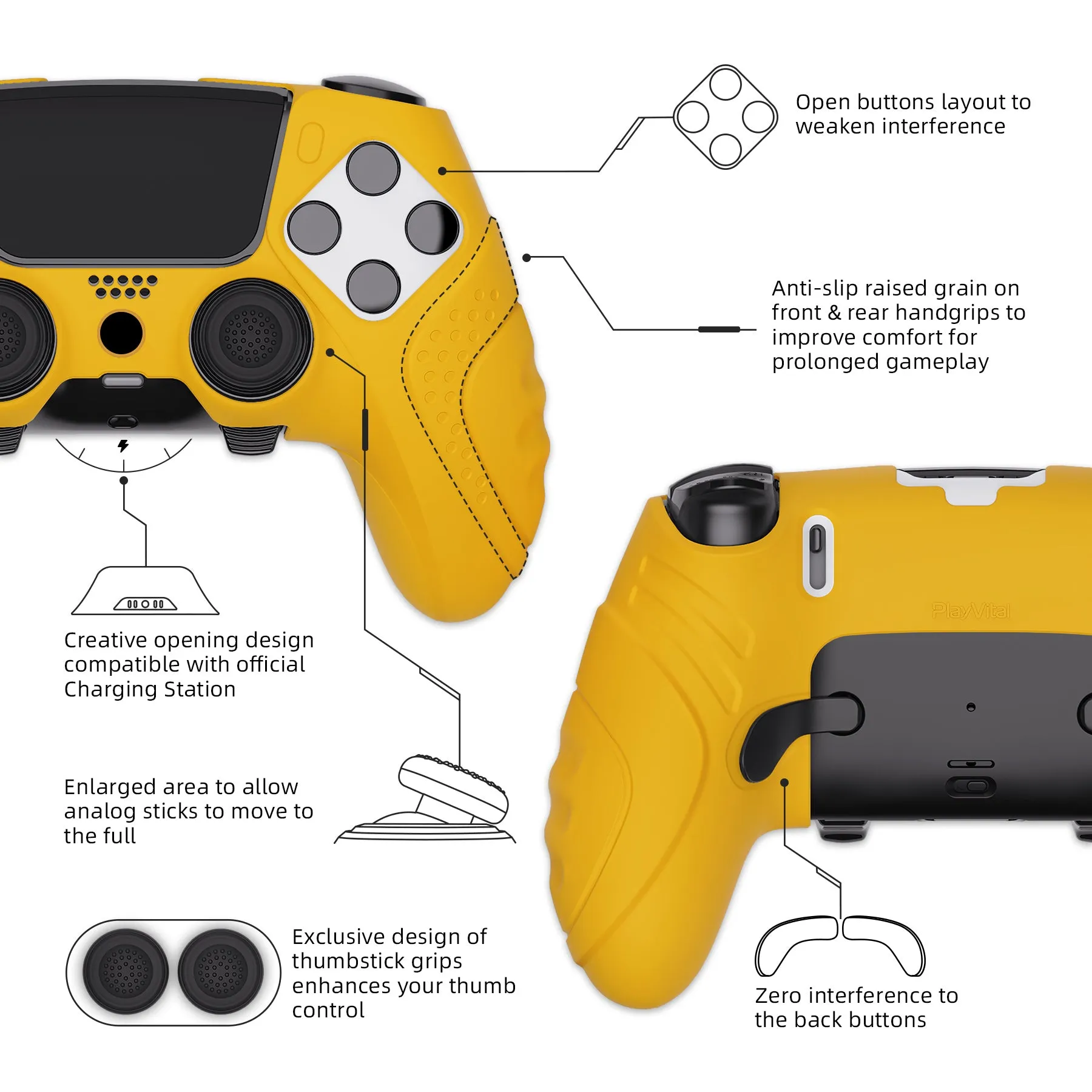 PlayVital Guardian Edition Anti-Slip Ergonomic Silicone Cover Case for ps5 Edge Controller, Soft Rubber Protector Skin for ps5 Edge Wireless Controller with Thumb Grip Caps - Caution Yellow - EHPFP012