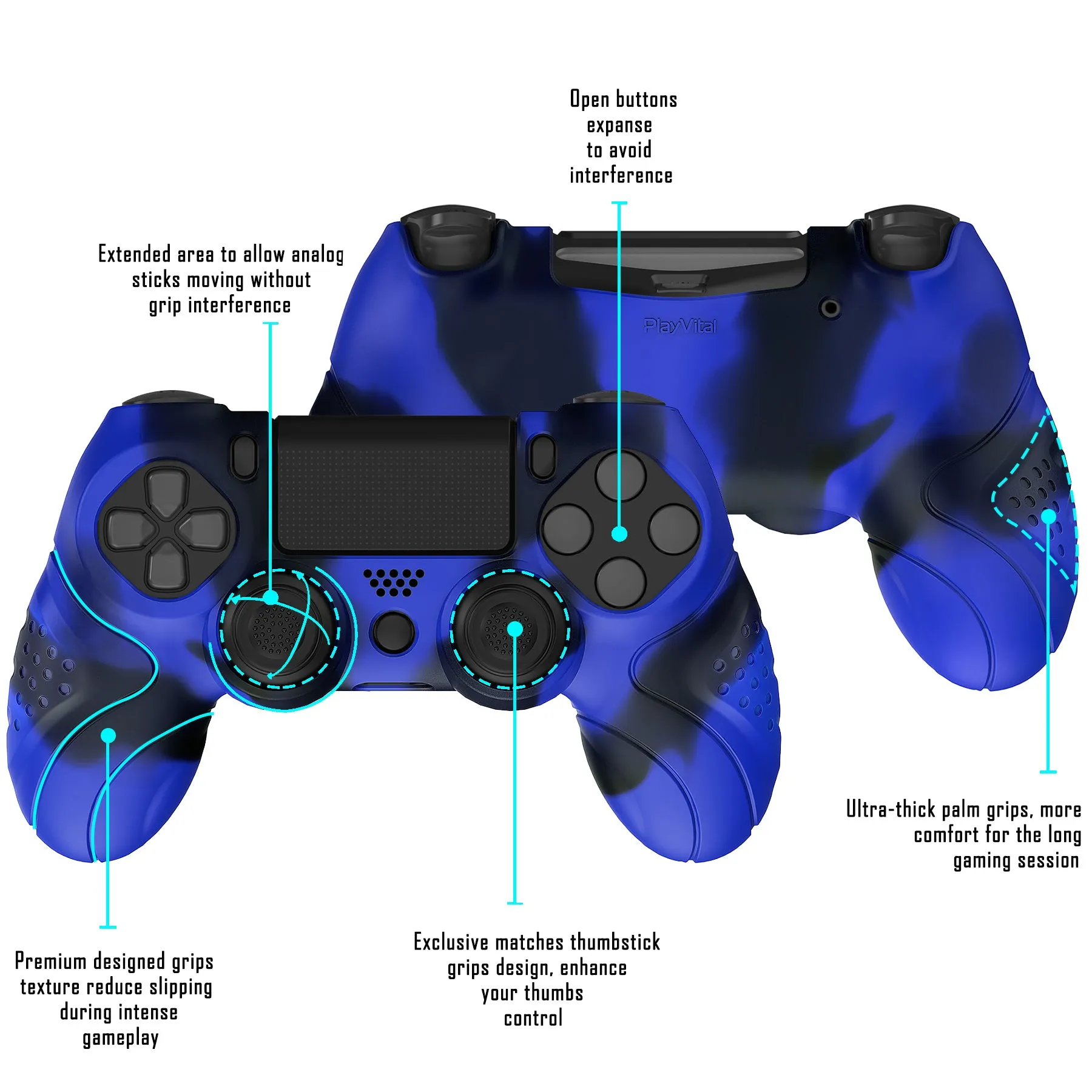 PlayVital Guardian Edition Blue & Black Ergonomic Soft Anti-Slip Controller Silicone Case Cover for PS4, Rubber Protector Skins with black Joystick Caps for PS4 Slim PS4 Pro Controller - P4CC0070