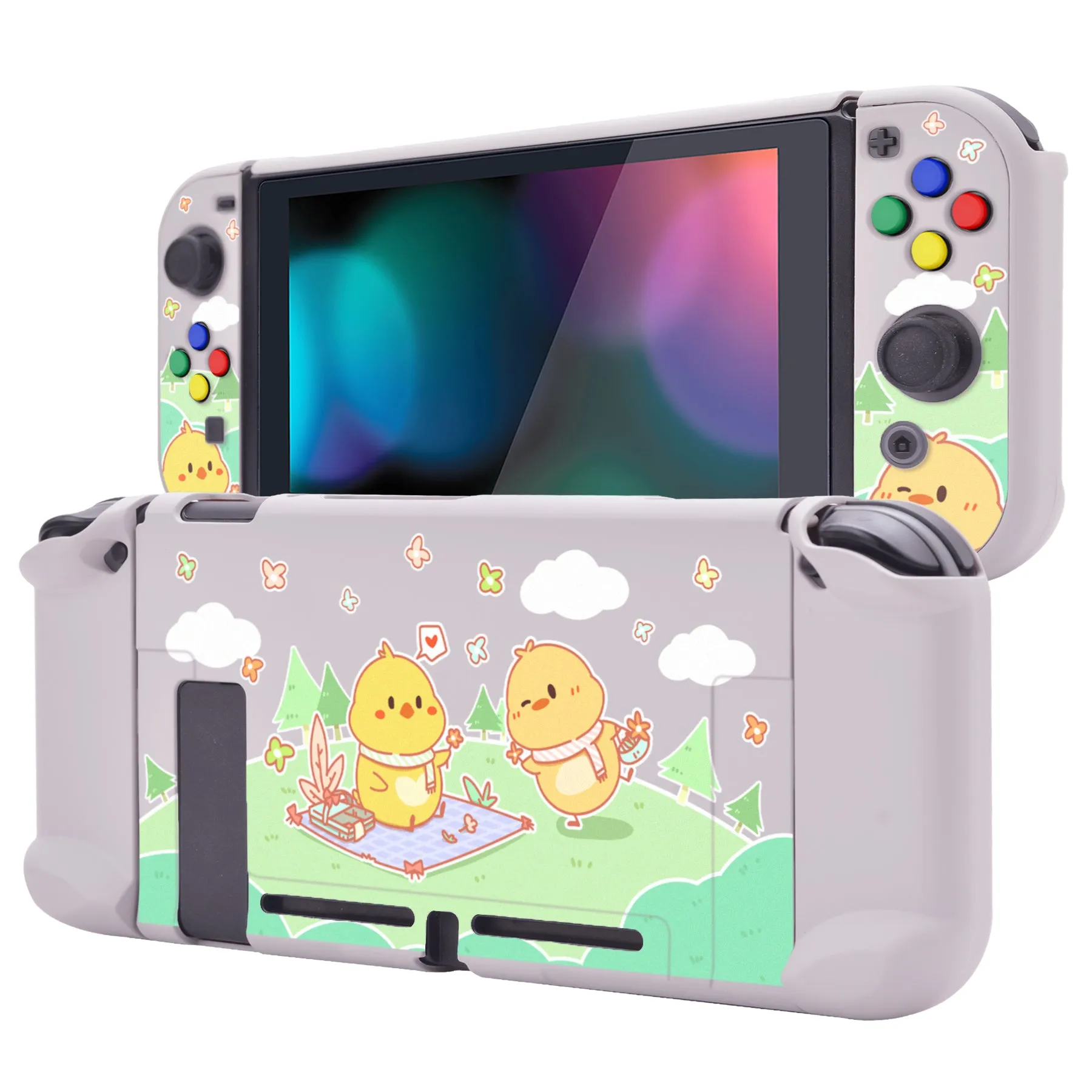 PlayVital Picnic Fair Back Cover for NS Switch Console, NS Joycon Handheld Controller Separable Protector Hard Shell, Dockable Protective Case with Colorful ABXY Direction Button Caps - NTT119